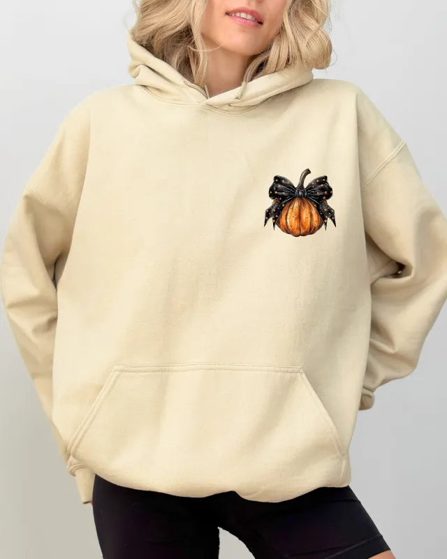 Halloween Pumpkin, Ribbon, Pocket Print, Coquette, Fall, Autumn Hooded Sweatshirt sold by Refinery Number One