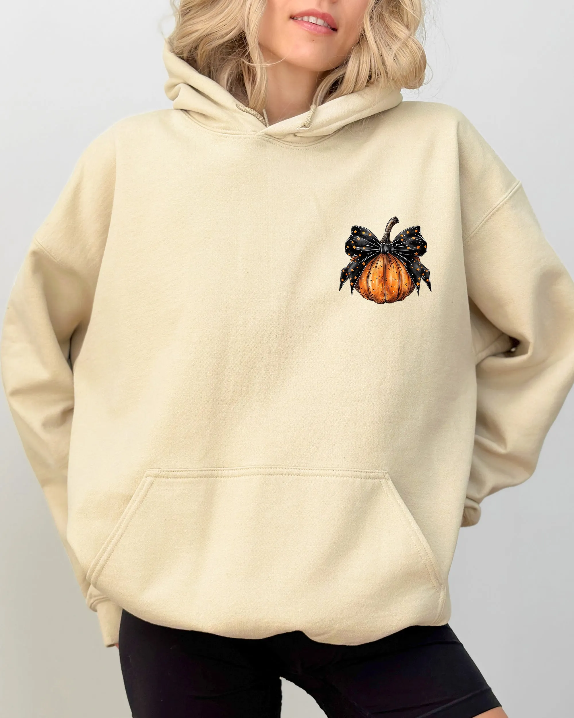 Halloween Pumpkin, Ribbon, Pocket Print, Coquette, Fall, Autumn Hooded Sweatshirt sold by Refinery Number One