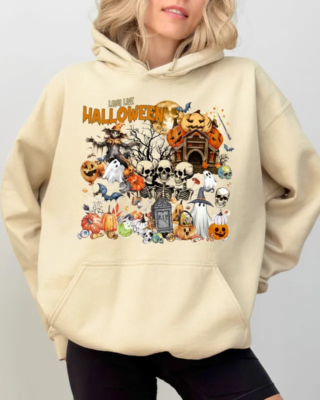 Long Live Halloween, Spooky Scene, Witch, Skeleton, Ghost, Haunted Hooded Sweatshirt sold by Refinery Number One