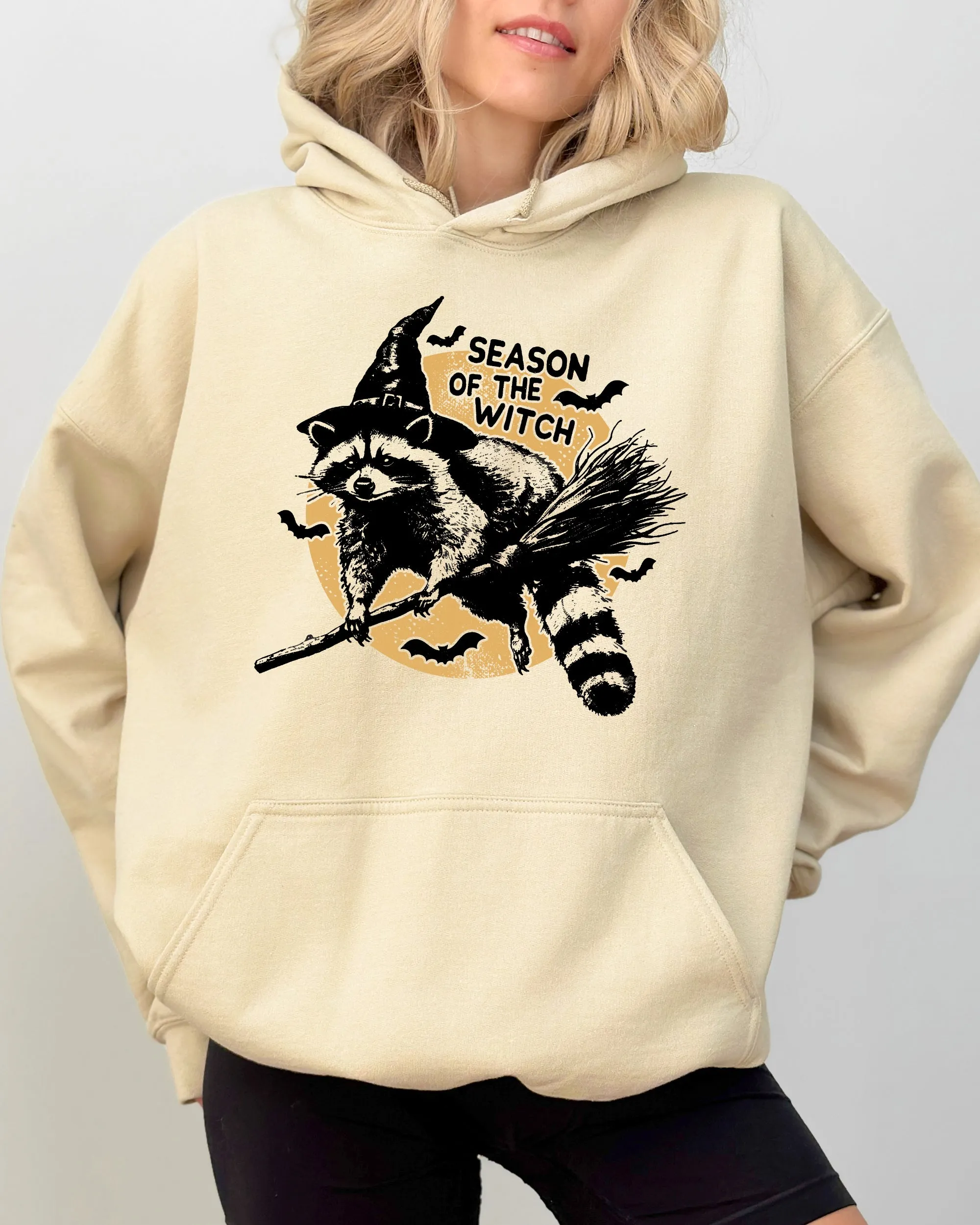 Season Of The Witch, Cute Raccoon, Halloween, Meme, Bats, Moon, Spooky, Feral Hooded Sweatshirt sold by Refinery Number One