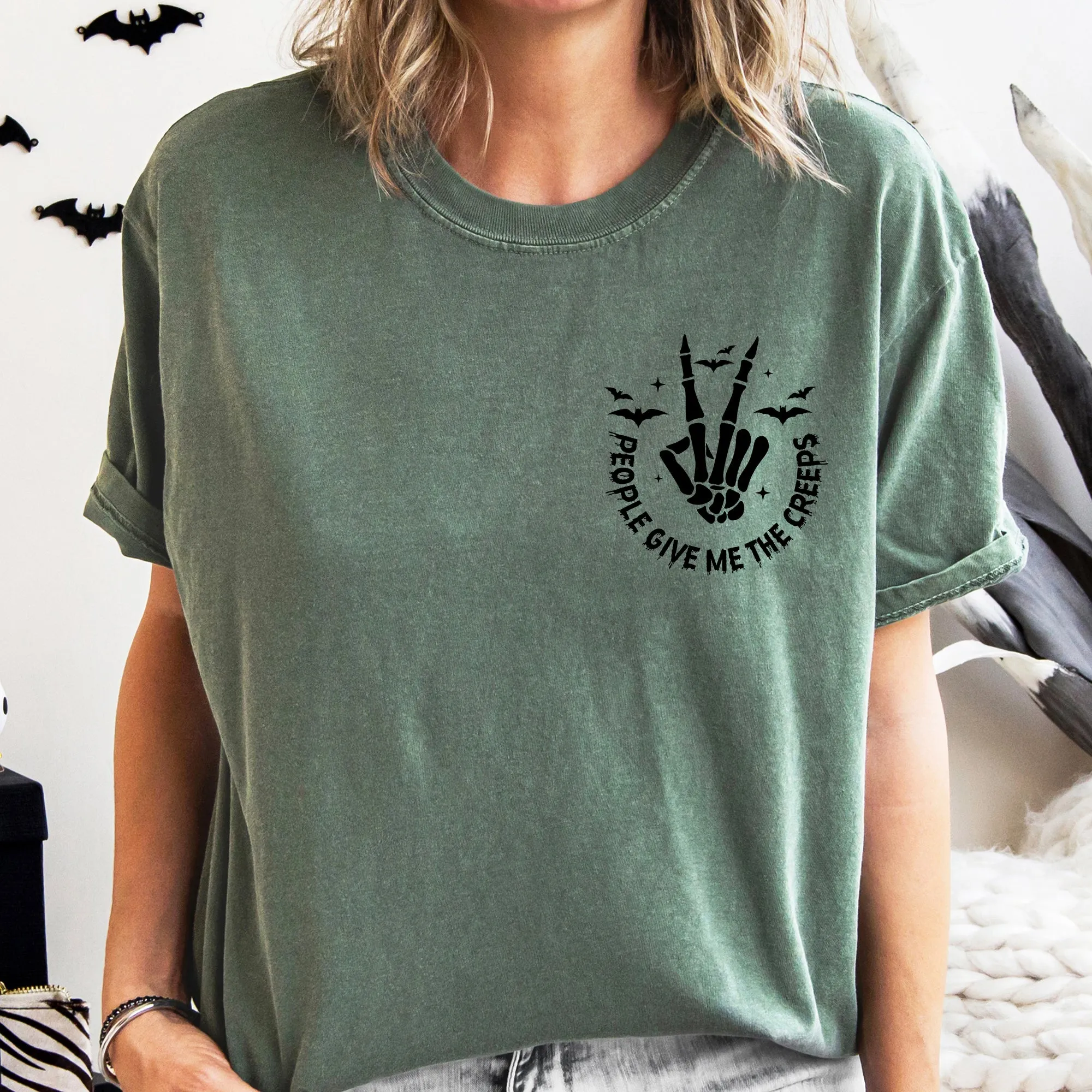 People Give Me The Creeps, Pocket Print, Skeleton, Bats, Witch, Halloween, Spooky Shirt Comfort Colors T-Shirt sold by Refinery Number One product image thumbnail 2