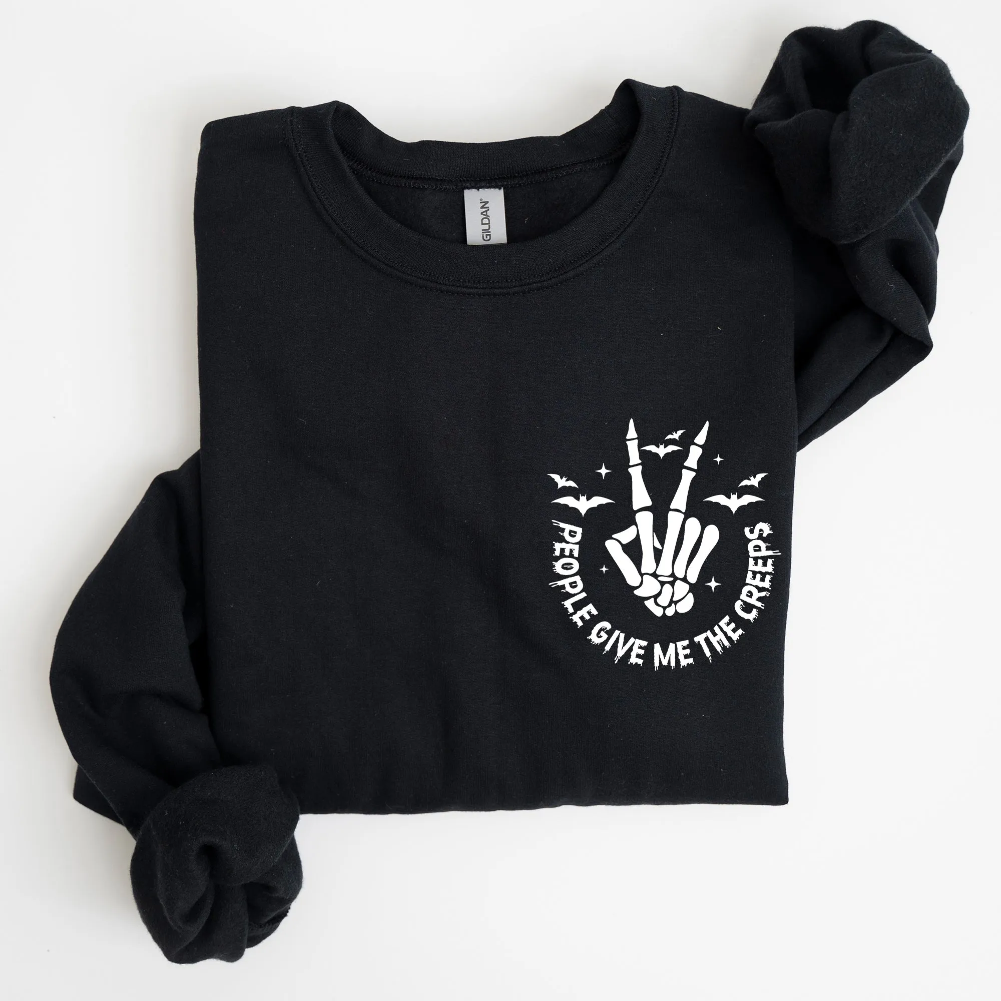 People Give Me The Creeps, Pocket Print, Skeleton, Bats, Witch, Halloween, Spooky Sweatshirt sold by Refinery Number One