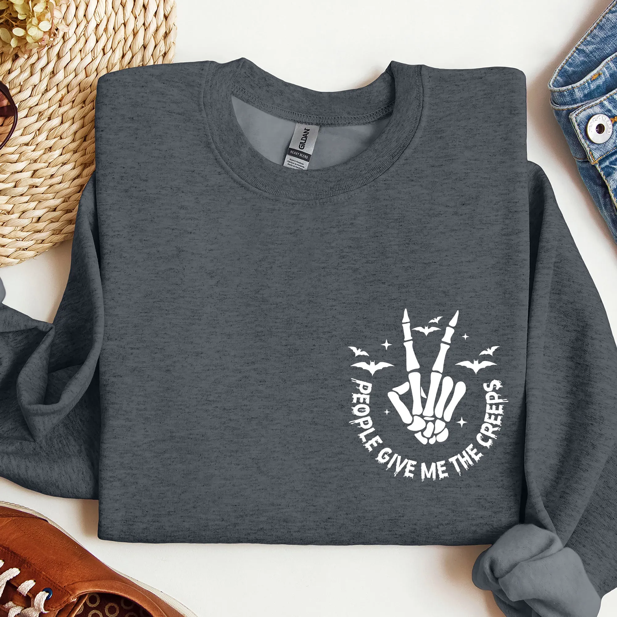 People Give Me The Creeps, Pocket Print, Skeleton, Bats, Witch, Halloween, Spooky Sweatshirt sold by Refinery Number One product image thumbnail 4