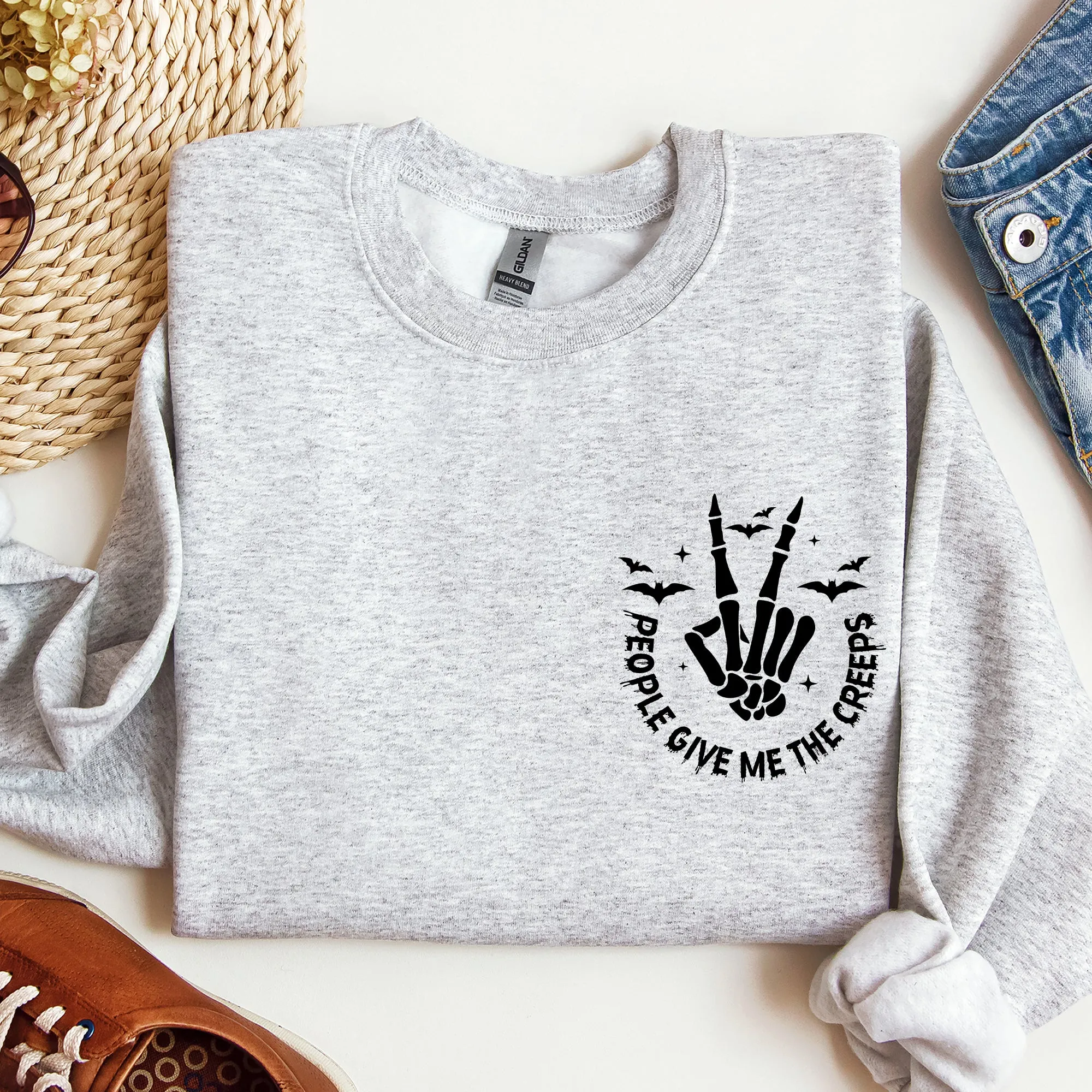 People Give Me The Creeps, Pocket Print, Skeleton, Bats, Witch, Halloween, Spooky Sweatshirt sold by Refinery Number One product image thumbnail 2