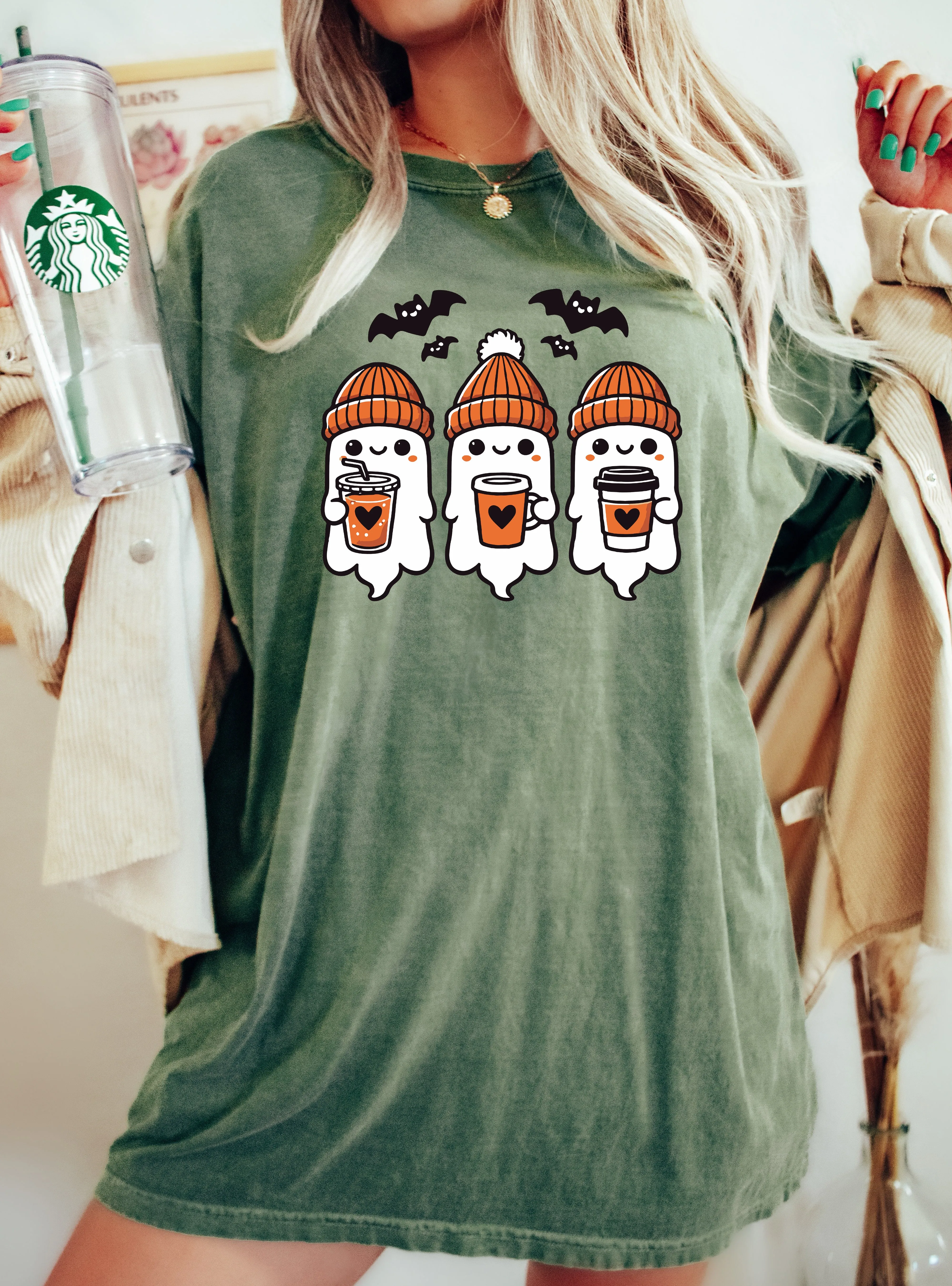 Cute Coffee Lover Ghosts, Western, Witch, Aesthetic, Meme, Halloween, Costume, Tshirt Comfort Colors T-Shirt sold by Refinery Number One product image thumbnail 3