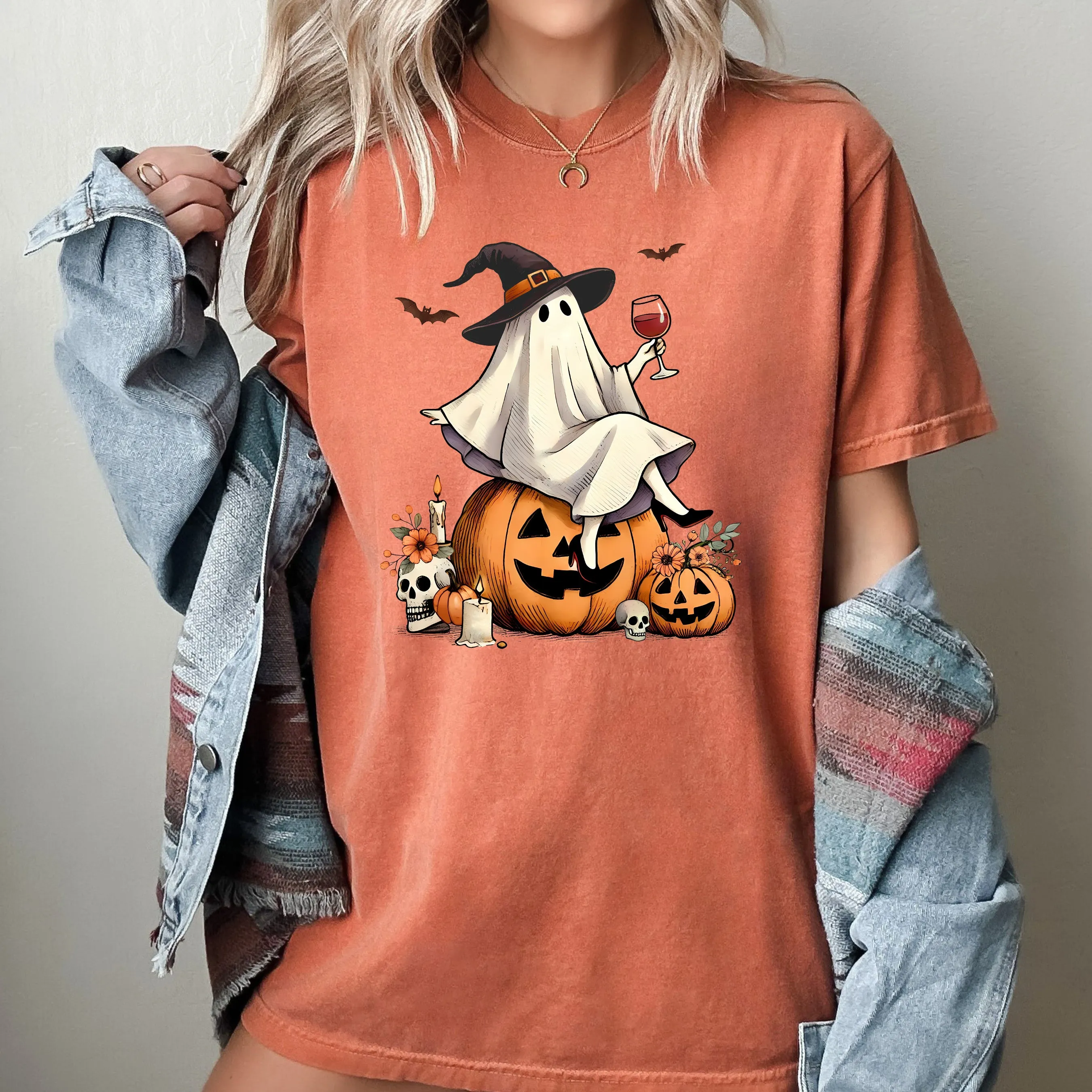 Ghost on Pumpkin, Wine, Western, Witch, Aesthetic, Meme, Halloween, Costume, Tshirt Comfort Colors T-Shirt sold by Refinery Number One