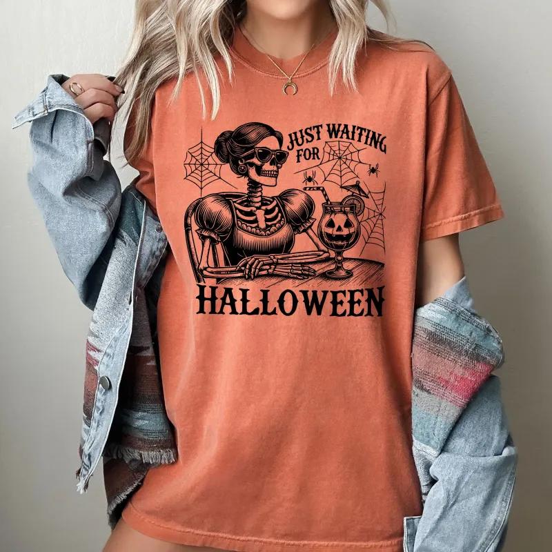 Just Waiting for Halloween, Skeleton Lady, Vintage, Western, Witch, Aesthetic, Meme, Halloween, Costume, Tshirt Comfort Colors T-Shirt sold by Refinery Number One