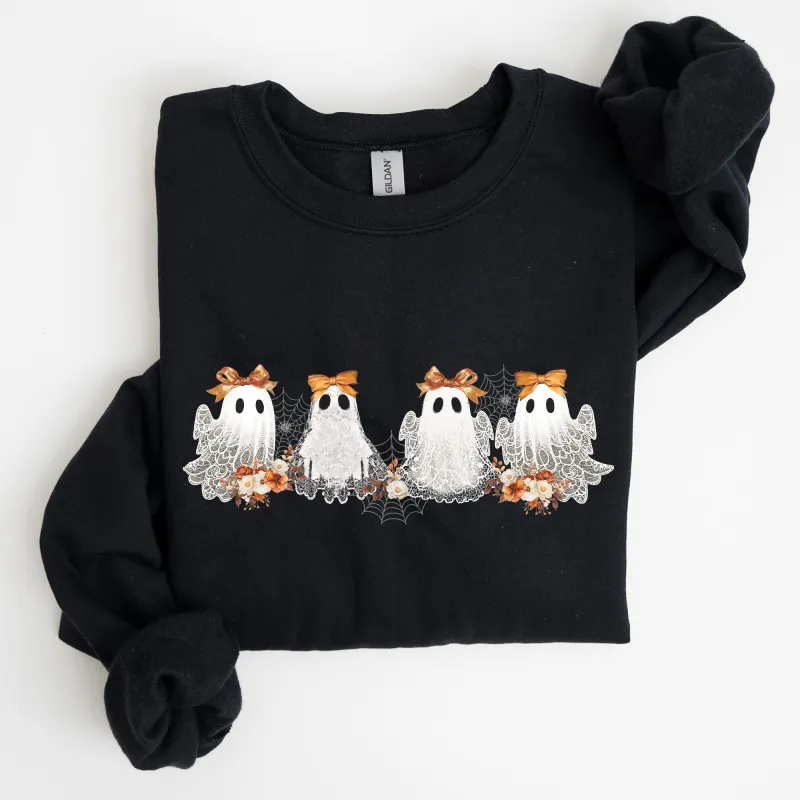 Cute Ghosts, Lace, Halloween, Girly, Coquette, Bow, Ribbon, Spooky Sweatshirt sold by Refinery Number One