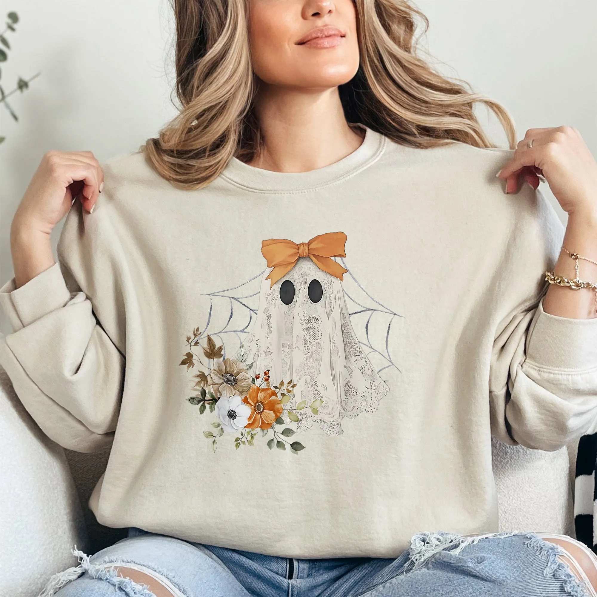 Lace Ghost, Halloween, Girly, Spooky Coquette, Lacey Ghost, Orange Bow, Ribbon, Flowers, Spider Web Sweatshirt sold by Refinery Number One product image thumbnail 4