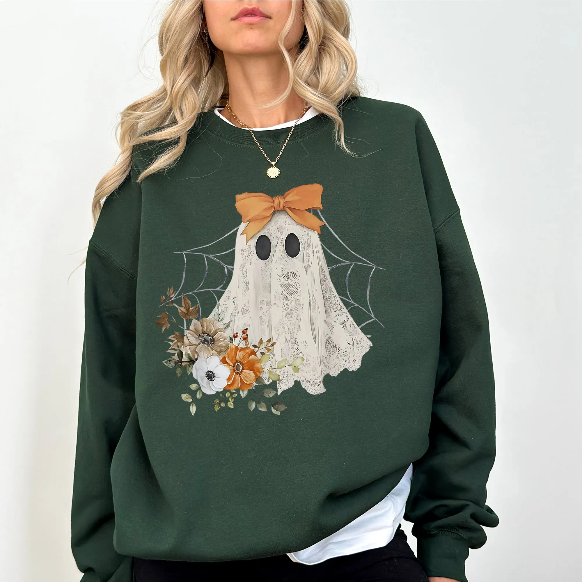 Lace Ghost, Halloween, Girly, Spooky Coquette, Lacey Ghost, Orange Bow, Ribbon, Flowers, Spider Web Sweatshirt sold by Refinery Number One product image thumbnail 2