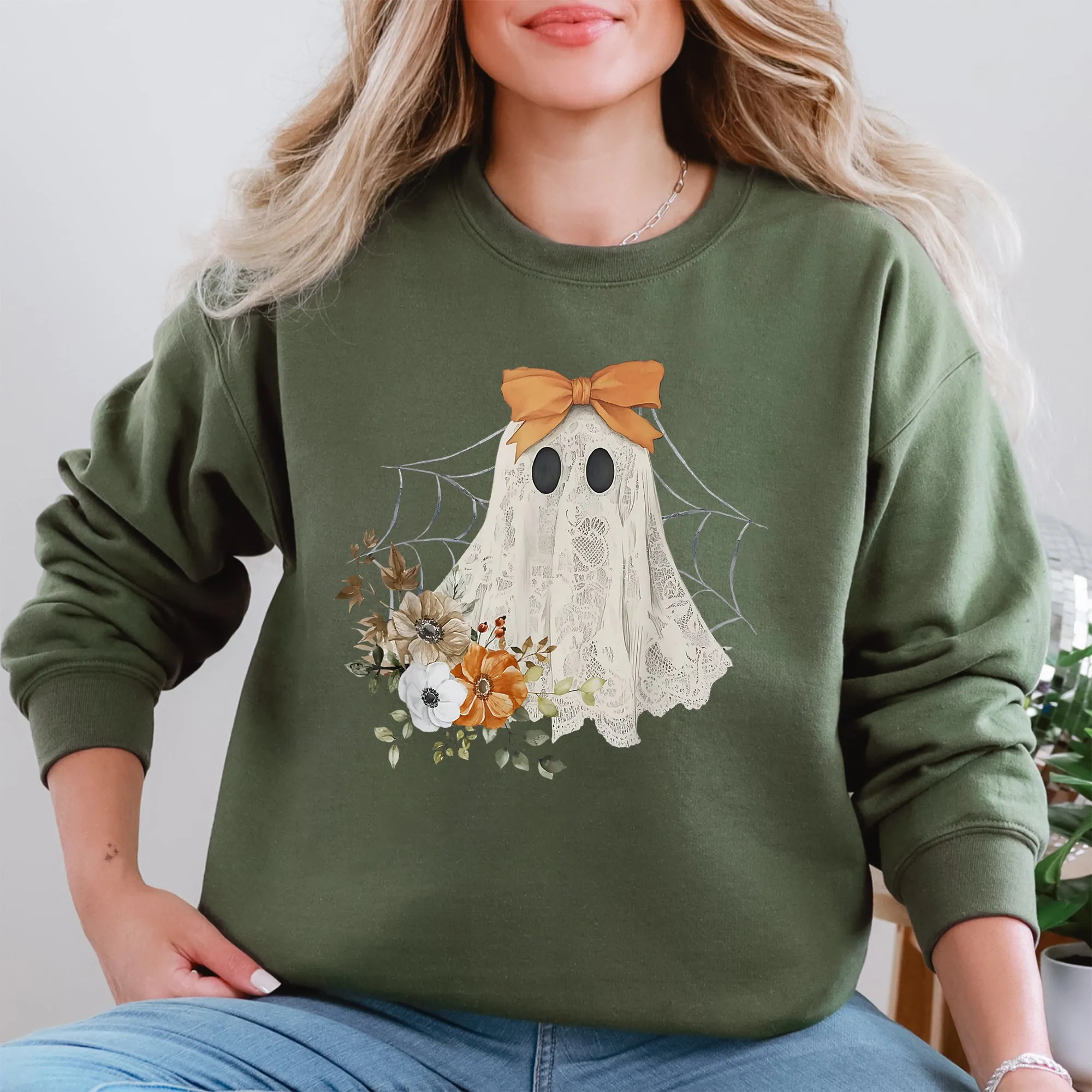 Lace Ghost, Halloween, Girly, Spooky Coquette, Lacey Ghost, Orange Bow, Ribbon, Flowers, Spider Web Sweatshirt sold by Refinery Number One product image thumbnail 3