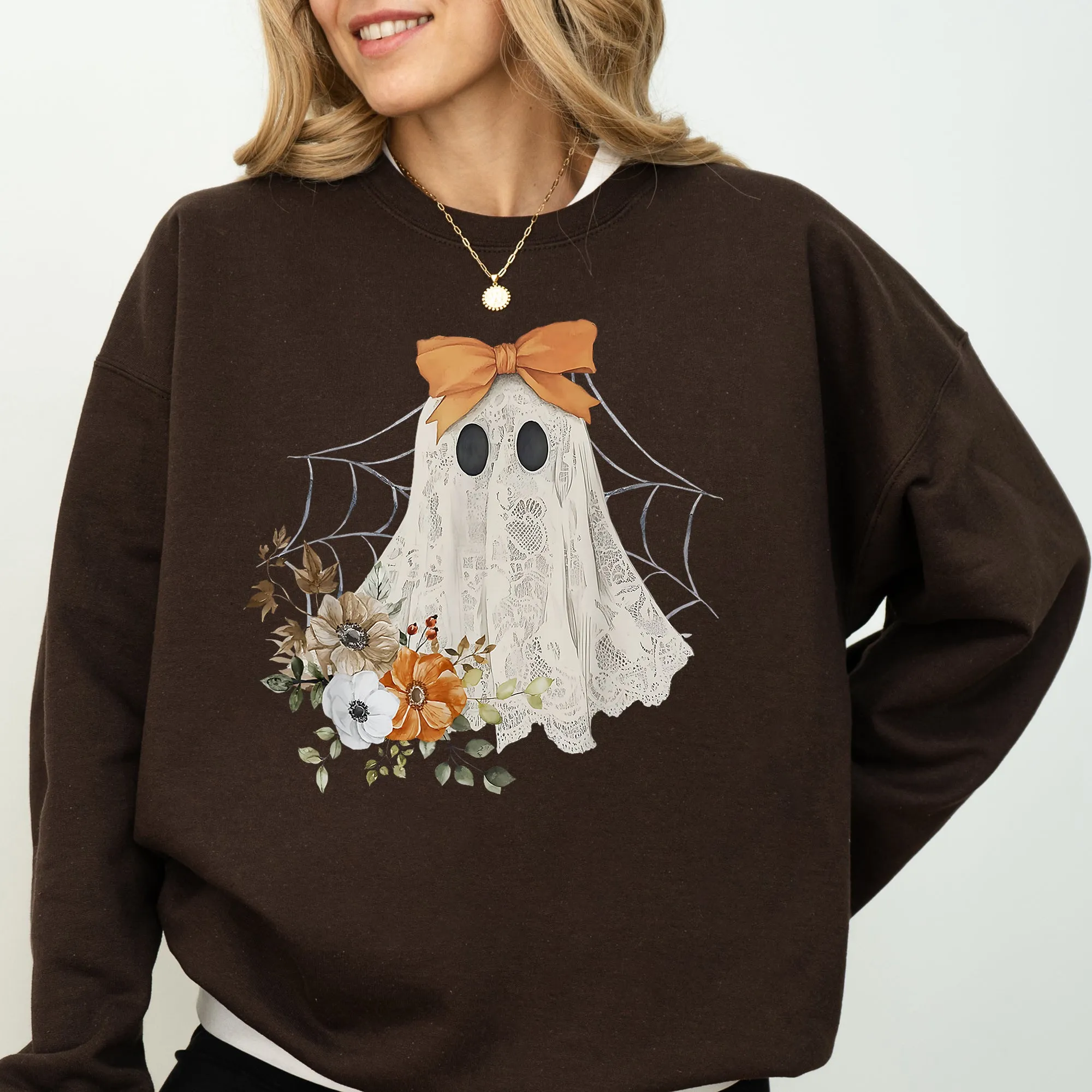Lace Ghost, Halloween, Girly, Spooky Coquette, Lacey Ghost, Orange Bow, Ribbon, Flowers, Spider Web Sweatshirt sold by Refinery Number One product image thumbnail 5