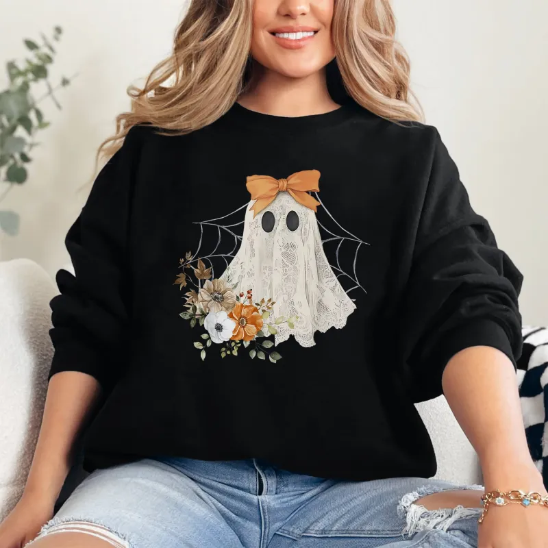 Lace Ghost, Halloween, Girly, Spooky Coquette, Lacey Ghost, Orange Bow, Ribbon, Flowers, Spider Web Sweatshirt sold by Refinery Number One