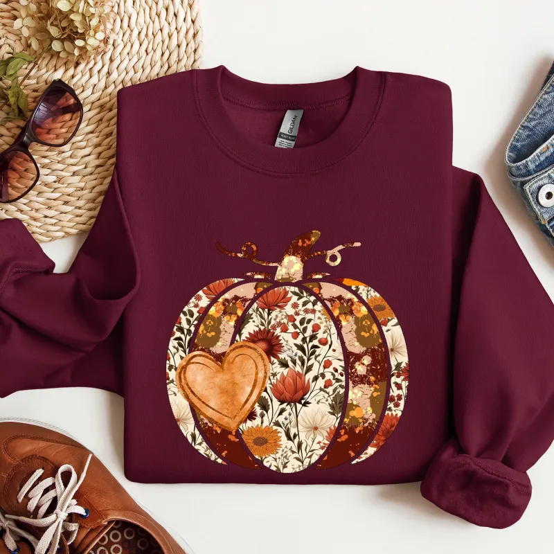Pumpkin, Heart, Love, Thanksgiving, Fall, Autumn, Halloween, Flower, Floral Sweatshirt sold by Refinery Number One