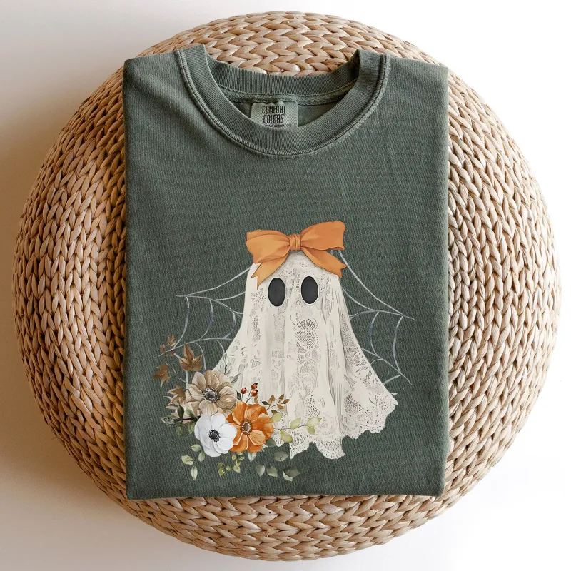 Lace Ghost, Halloween, Girly, Spooky Coquette, Lacey Ghost, Orange Bow, Ribbon, Flowers, Spider Web Tshirt Comfort Colors T-Shirt sold by Refinery Number One