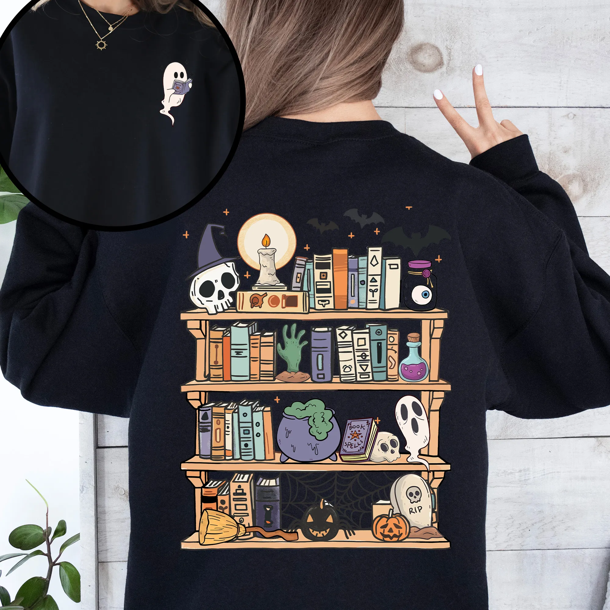 Reading Ghost, Halloween, Library, Spooky, Front and Back, Teacher, Boo, Cute Sweatshirt sold by Refinery Number One product image thumbnail 2