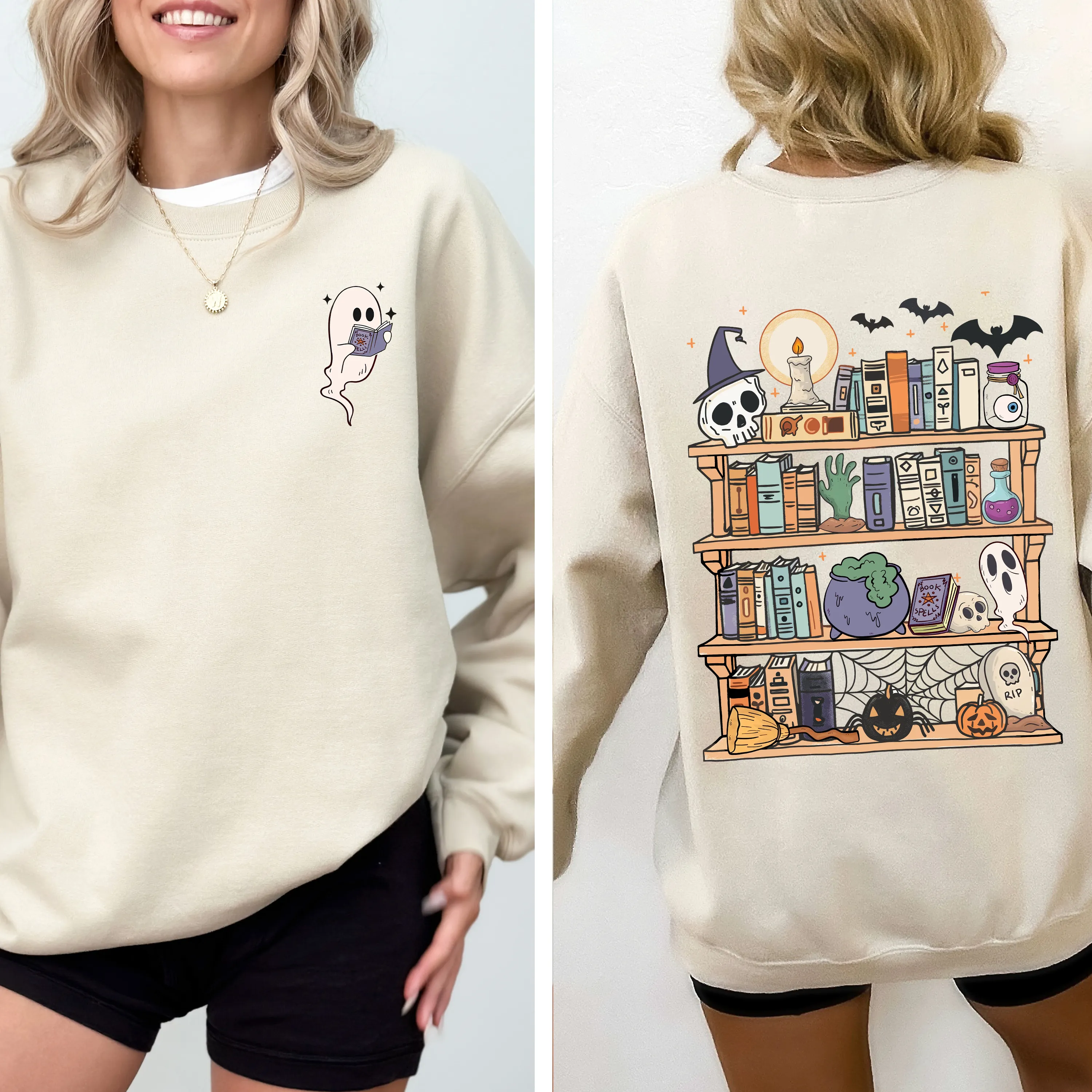 Reading Ghost, Halloween, Library, Spooky, Front and Back, Teacher, Boo, Cute Sweatshirt sold by Refinery Number One product image thumbnail 3