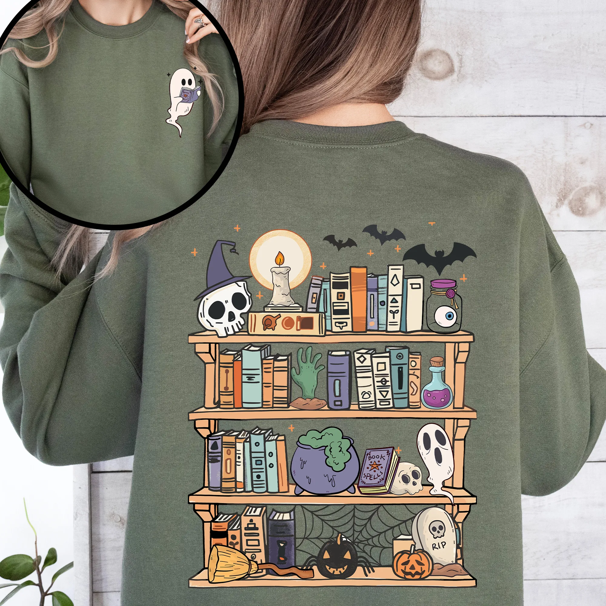 Reading Ghost, Halloween, Library, Spooky, Front and Back, Teacher, Boo, Cute Sweatshirt sold by Refinery Number One product image thumbnail 4