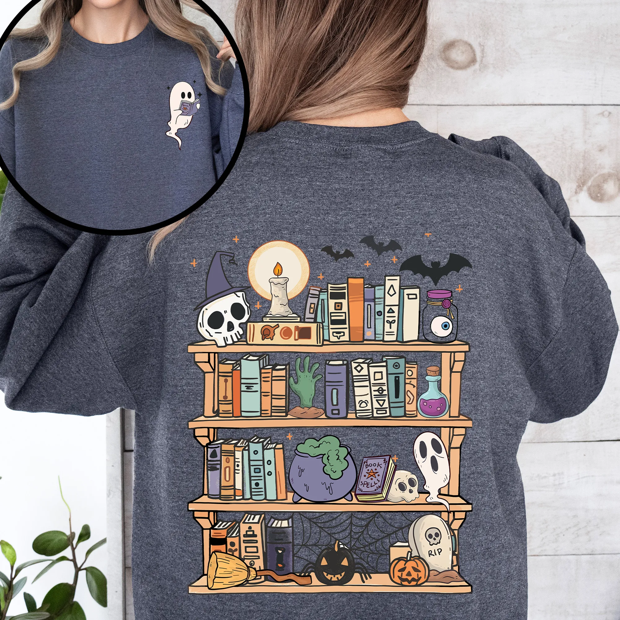Reading Ghost, Halloween, Library, Spooky, Front and Back, Teacher, Boo, Cute Sweatshirt sold by Refinery Number One product image thumbnail 5