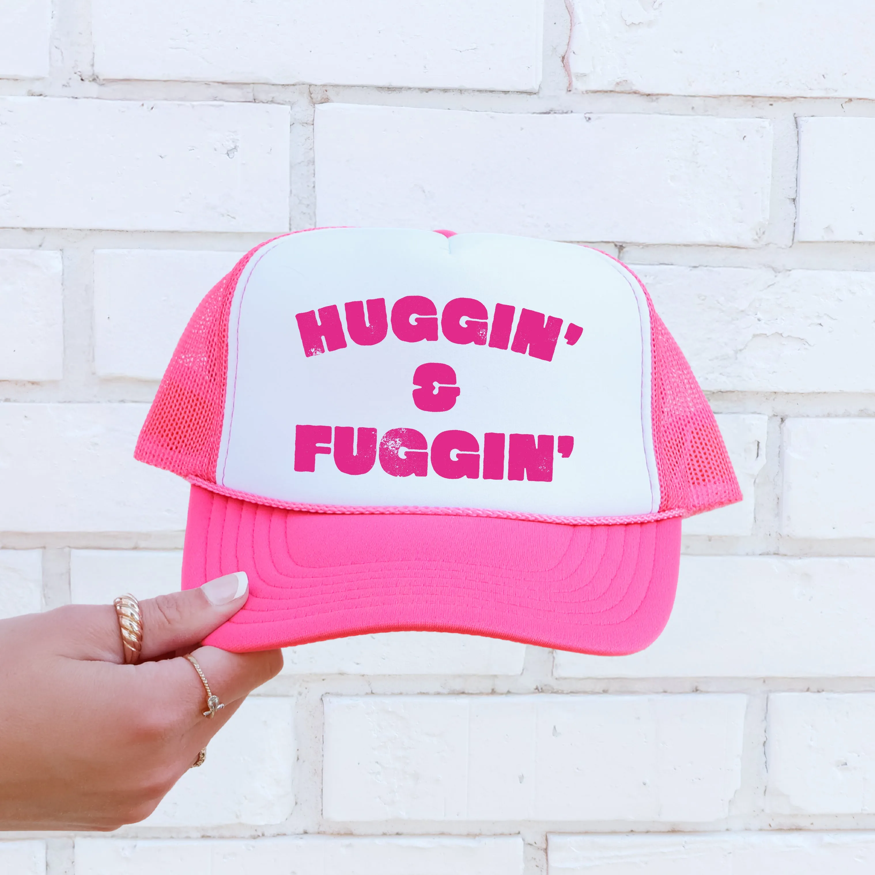 Huggin and Fuggin, Sassy, Funny, Bright Pink Snapback Trucker Hat sold by Refinery Number One product image thumbnail 2