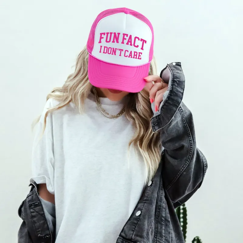 Fun Fact, I Don't Care, Sassy, Funny, Bright Pink Snapback Trucker Hat sold by Refinery Number One