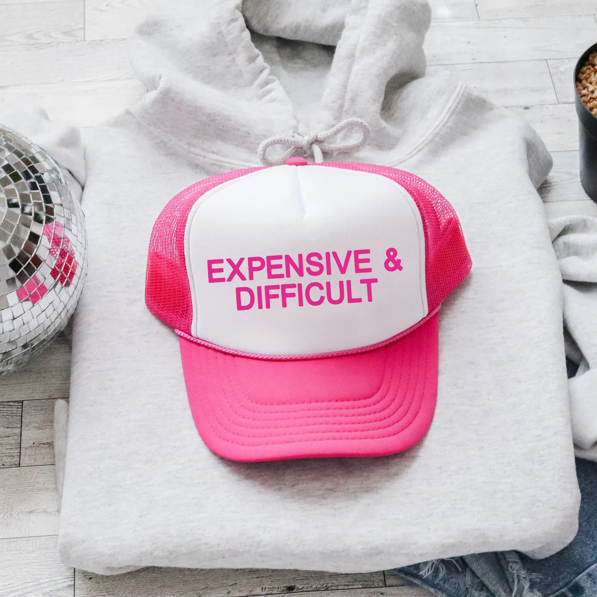 Expensive & Difficult, Sassy, Funny, Bright Pink Snapback Trucker Hat sold by Refinery Number One