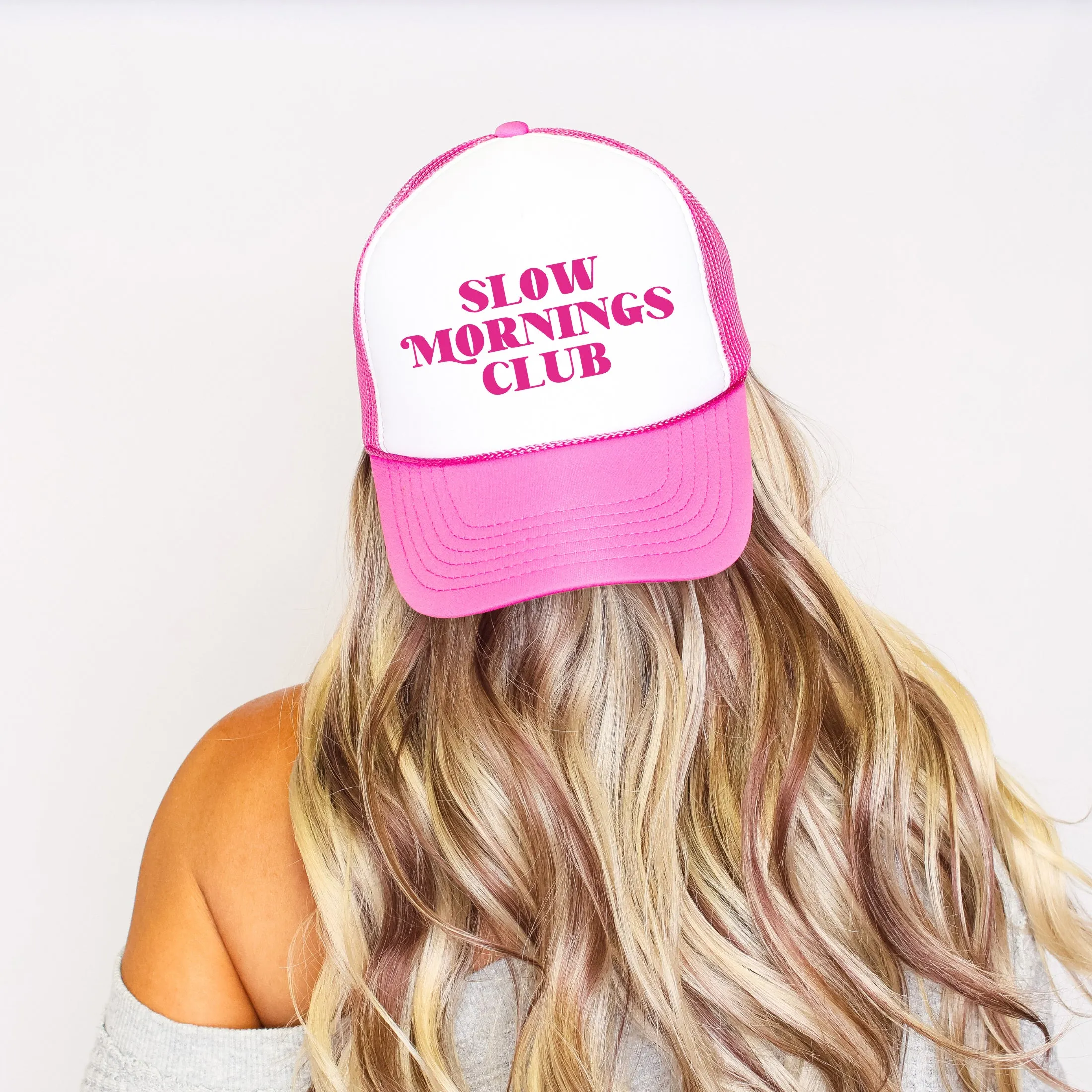 Slow Mornings Club, Bright Pink Snapback Trucker Hat sold by Refinery Number One product image thumbnail 3