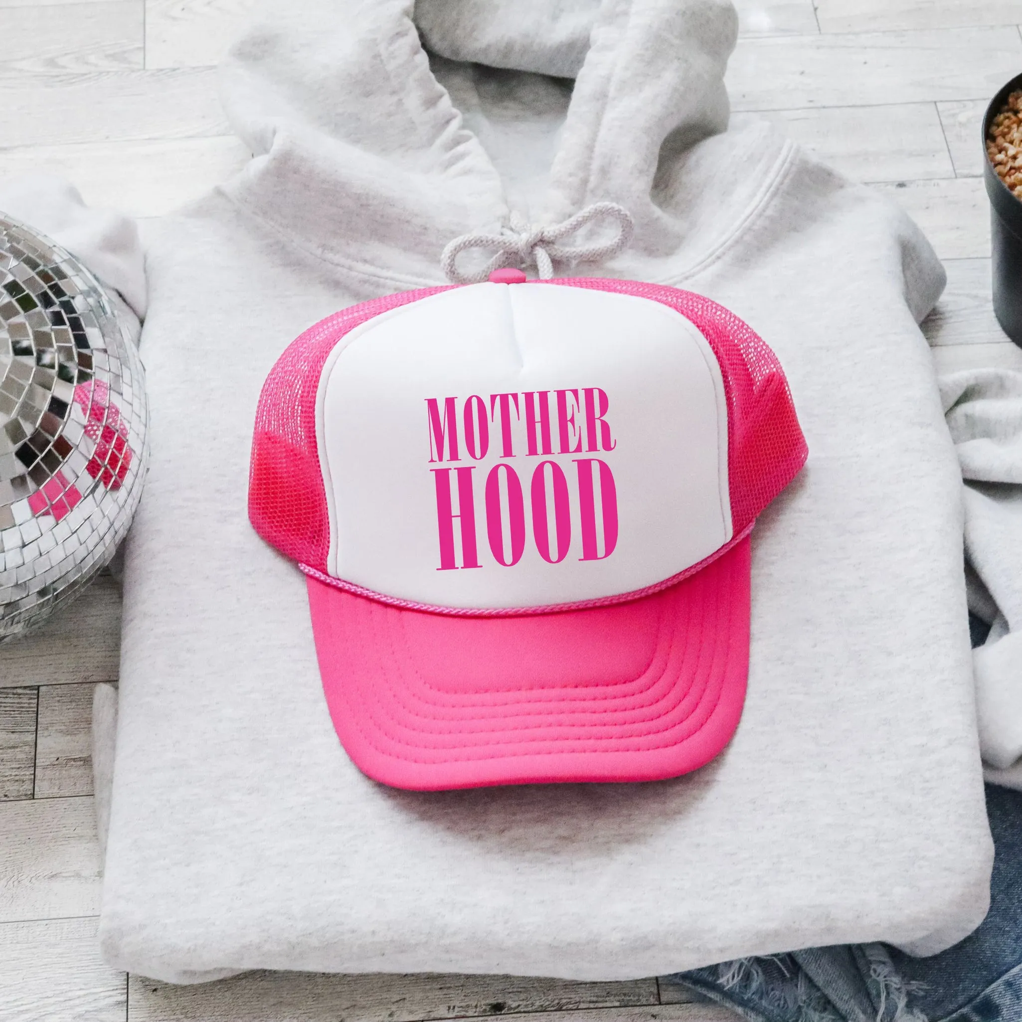 Mother Hood, Sassy, Funny, Bright Pink Snapback Trucker Hat sold by Refinery Number One