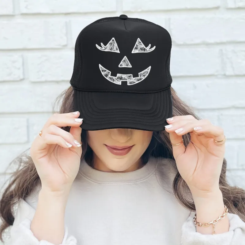Jack O Lantern, Faux Lace, Halloween, Black Snapback Trucker Hat sold by Refinery Number One