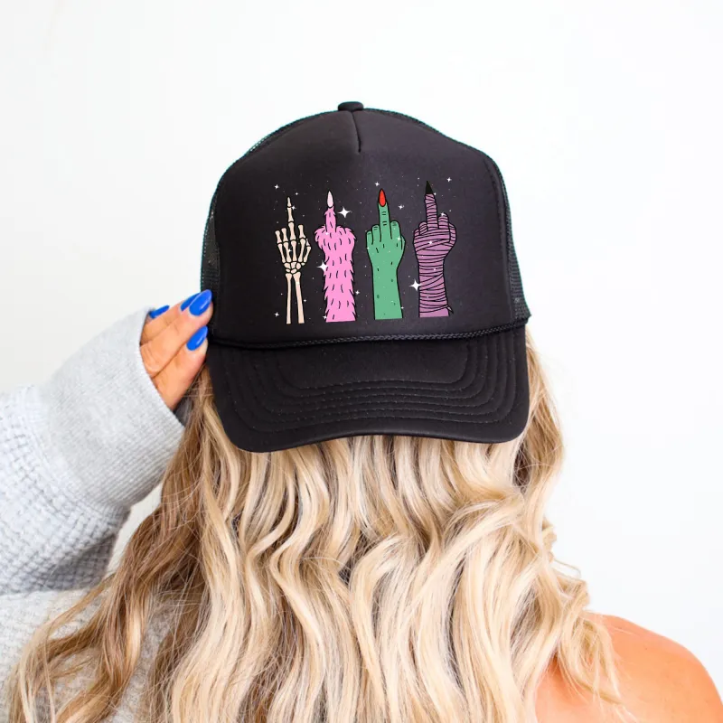 Monster, Middle Finger, Sassy, Funny, Halloween, Black Snapback Trucker Hat made by Refinery Number One