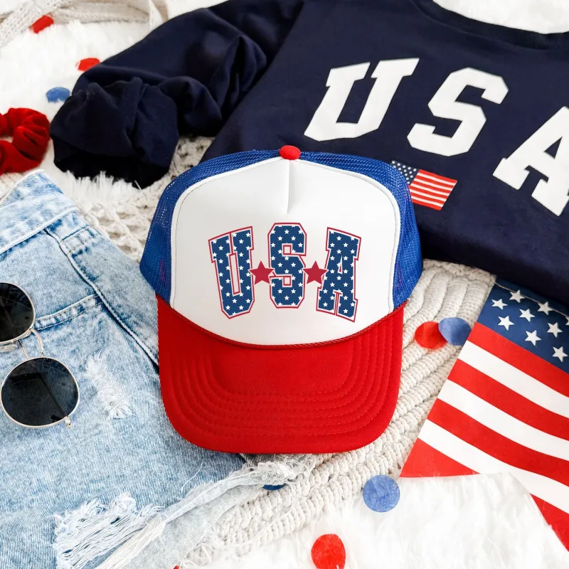 USA, Stars, Bright, Patriotic, Snapback Trucker Hat sold by Refinery Number One