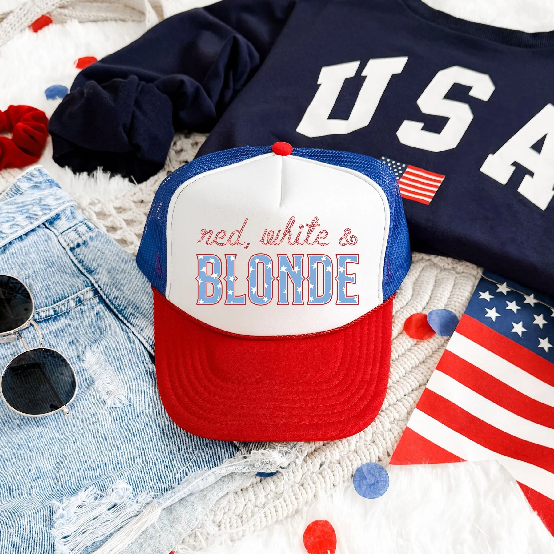 Red White And Blonde, Sassy, Patriotic, Snapback Trucker Hat sold by Refinery Number One product image thumbnail 4