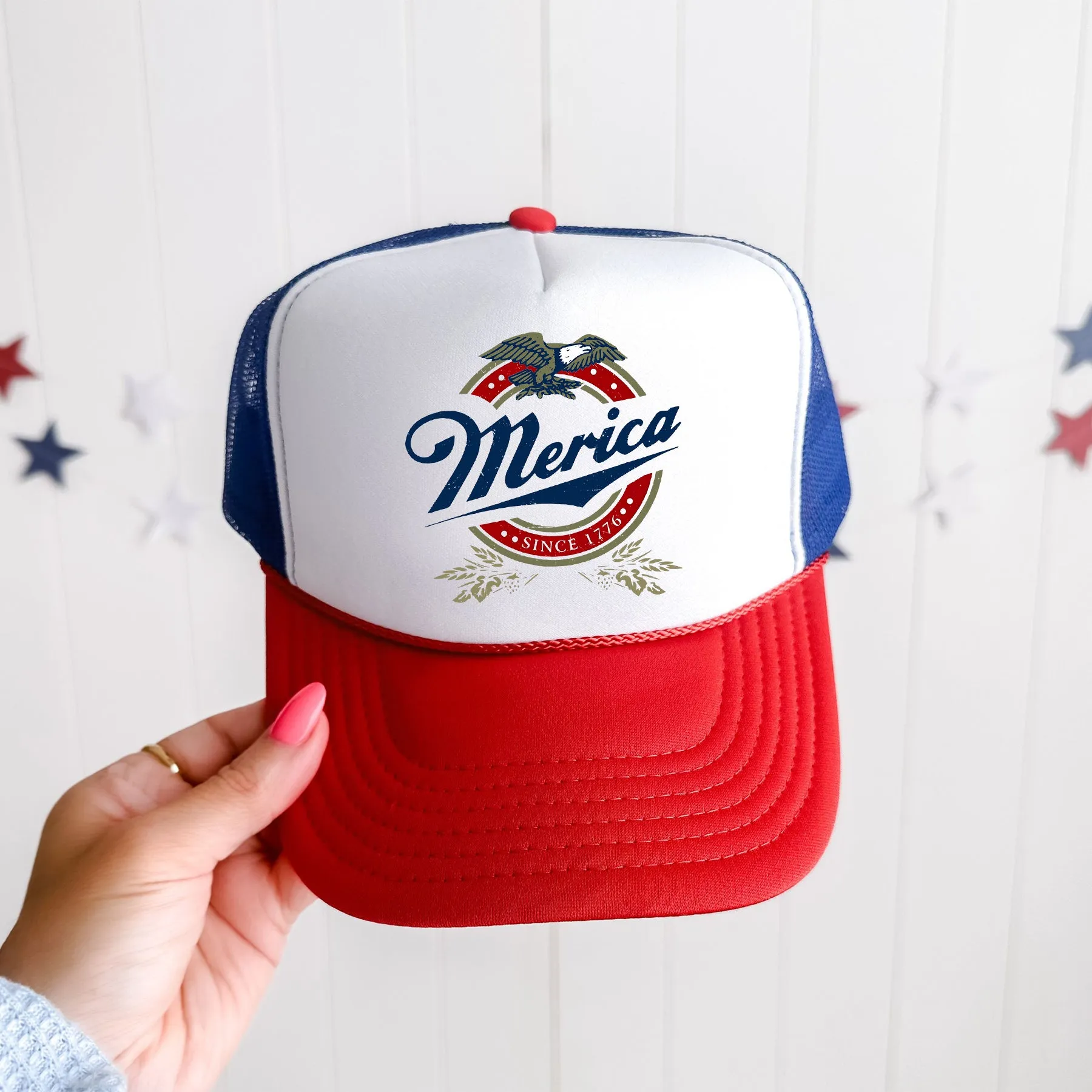Merica, Beer, Patriotic, Snapback Trucker Hat sold by Refinery Number One