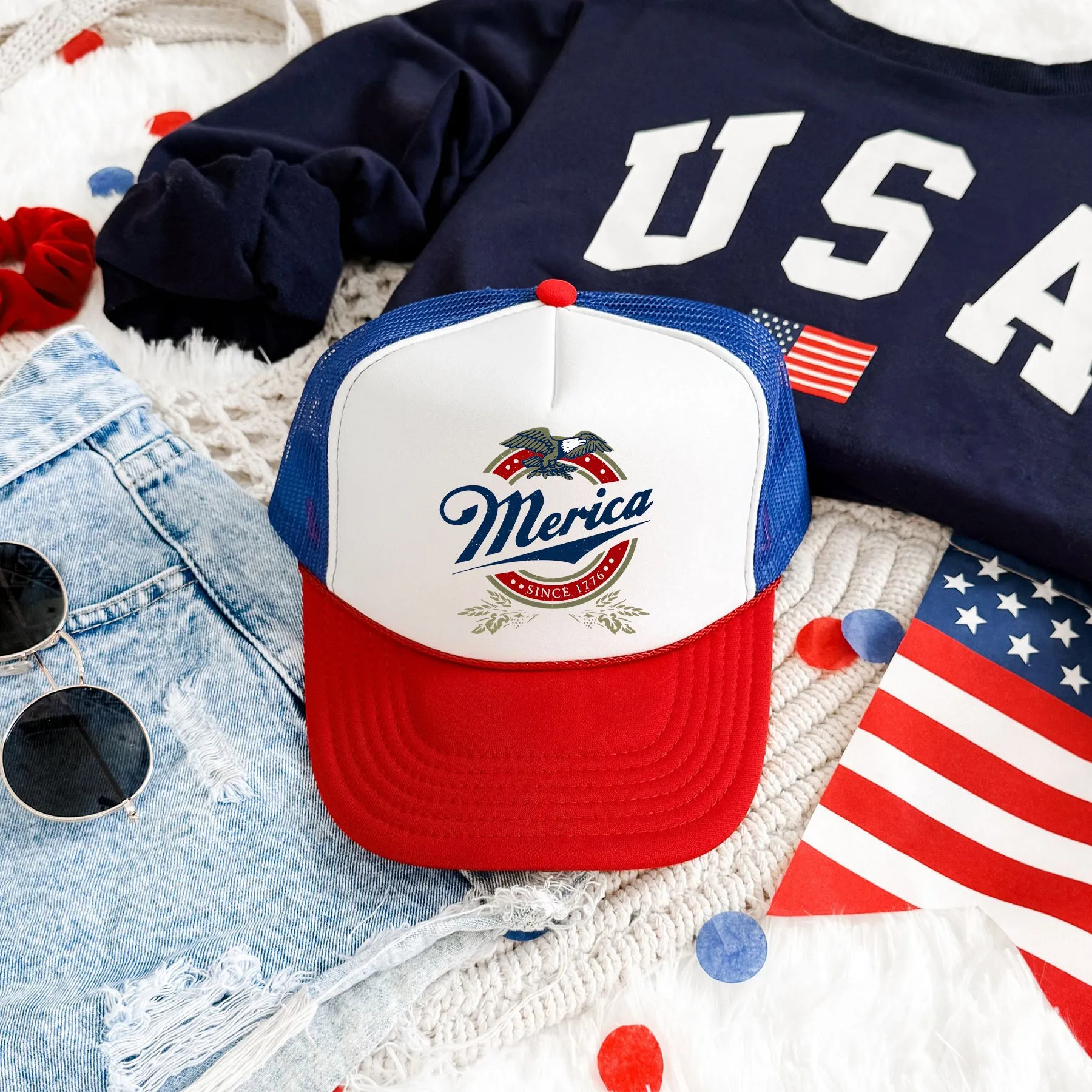 Merica, Beer, Patriotic, Snapback Trucker Hat sold by Refinery Number One product image thumbnail 4