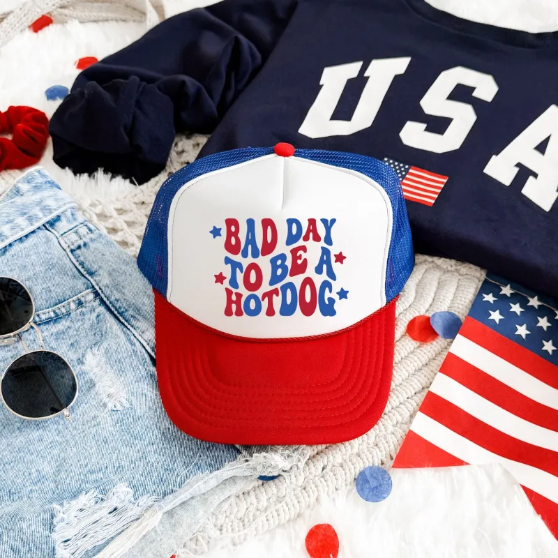Bad Day To Be A Hotdog, Stars, Patriotic, Snapback Trucker Hat sold by Refinery Number One