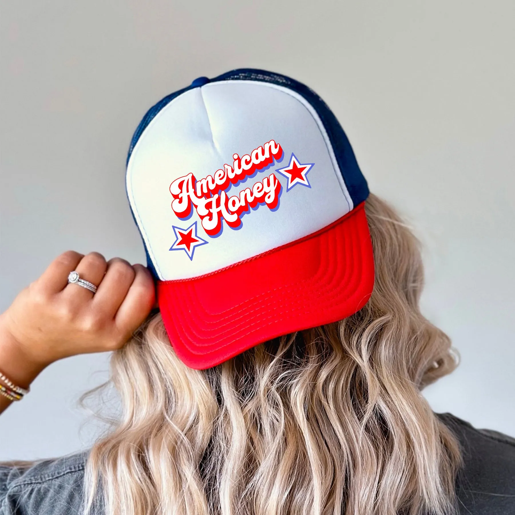 American Honey Patriotic Lightning Bolt Flag Eagle Fourth Of July Celebration Theme Snapback Trucker Hat sold by Refinery Number One