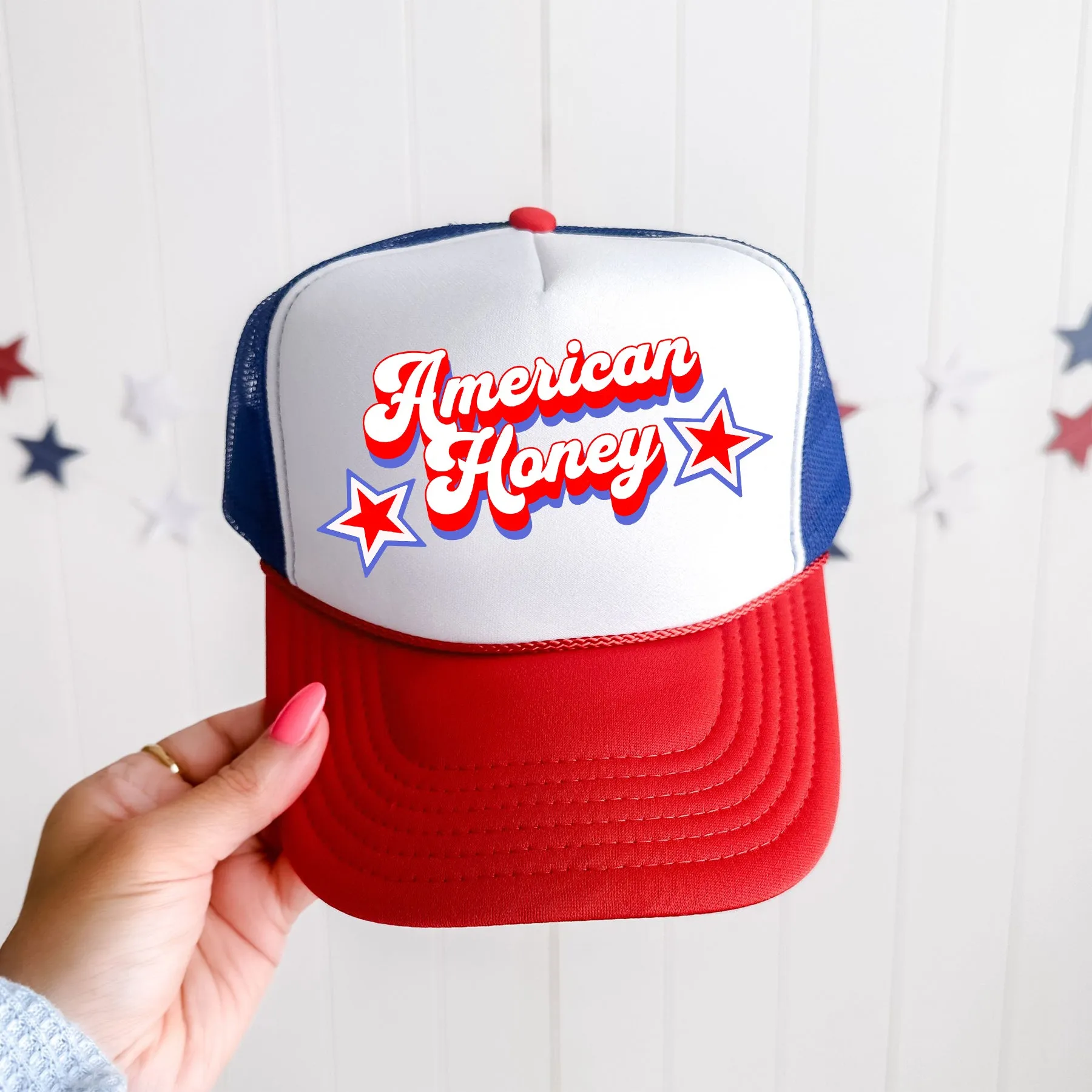 American Honey Patriotic Lightning Bolt Flag Eagle Fourth Of July Celebration Theme Snapback Trucker Hat sold by Refinery Number One product image thumbnail 2