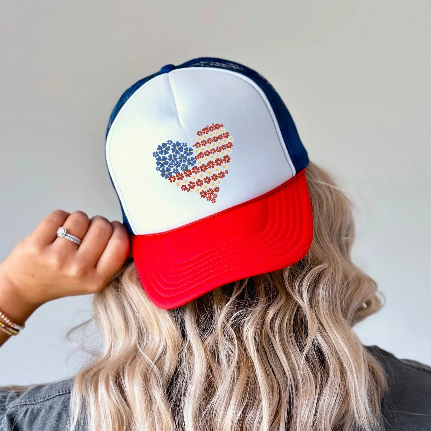 America, Floral Heart, Patriotic, Snapback Trucker Hat sold by Refinery Number One