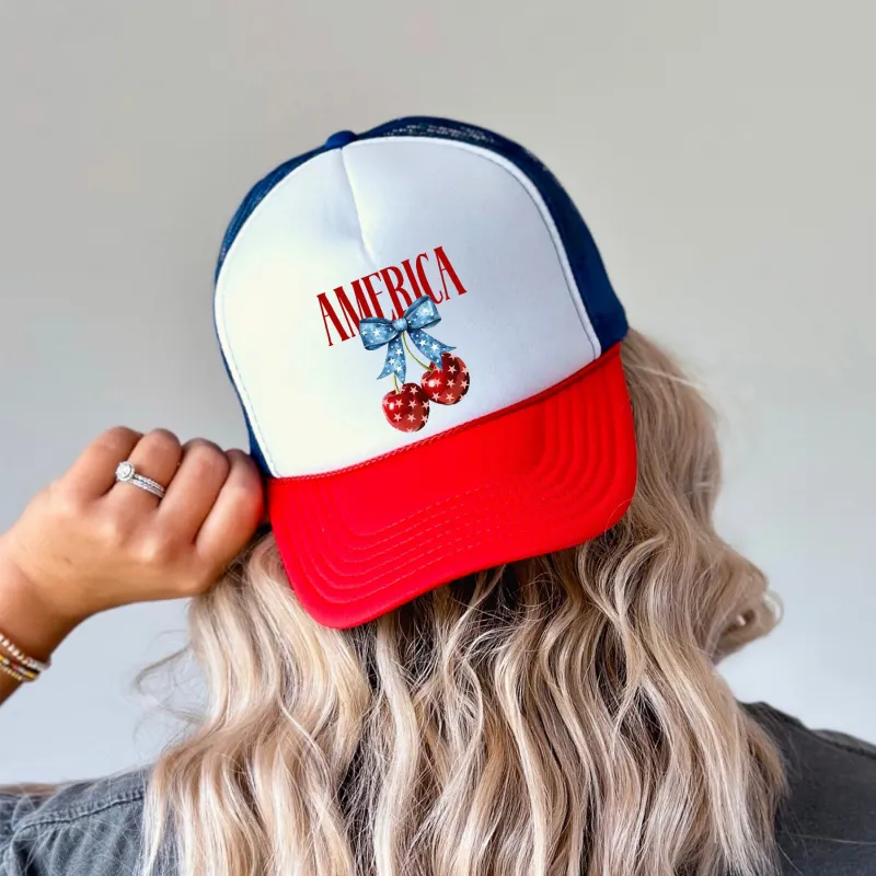 America, Cherries, Patriotic, Snapback Trucker Hat sold by Refinery Number One