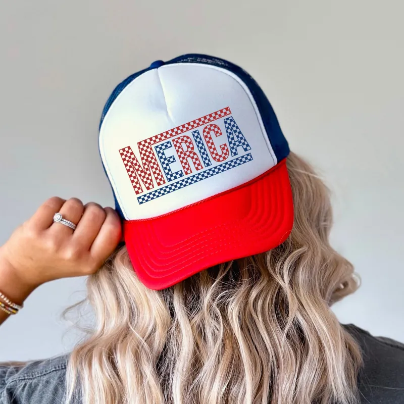 America, Checkered, Patriotic, Snapback Trucker Hat sold by Refinery Number One