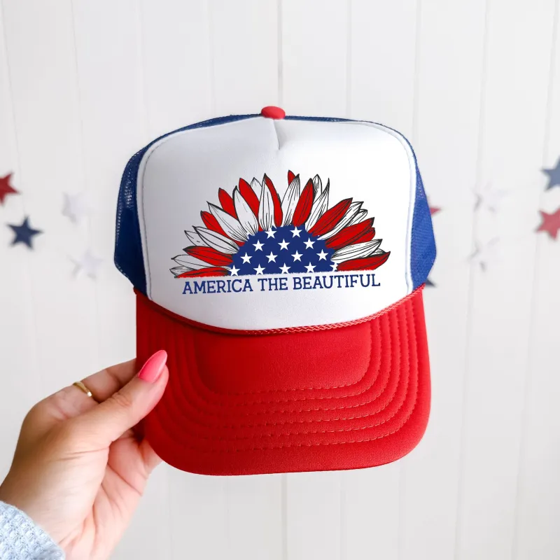 America The Beautiful, Sunflower, Patriotic, Snapback Trucker Hat sold by Refinery Number One