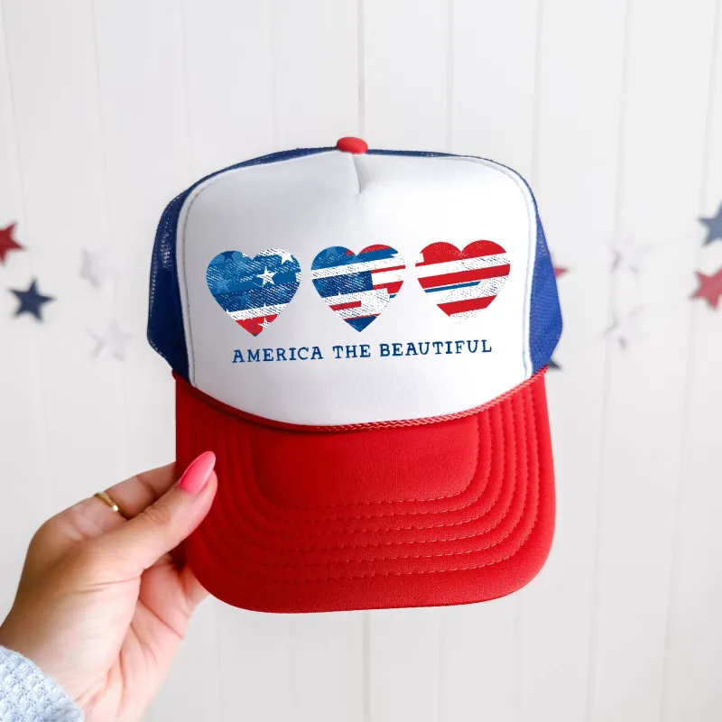 America The Beautiful, Hearts, Patriotic, Snapback Trucker Hat sold by Refinery Number One