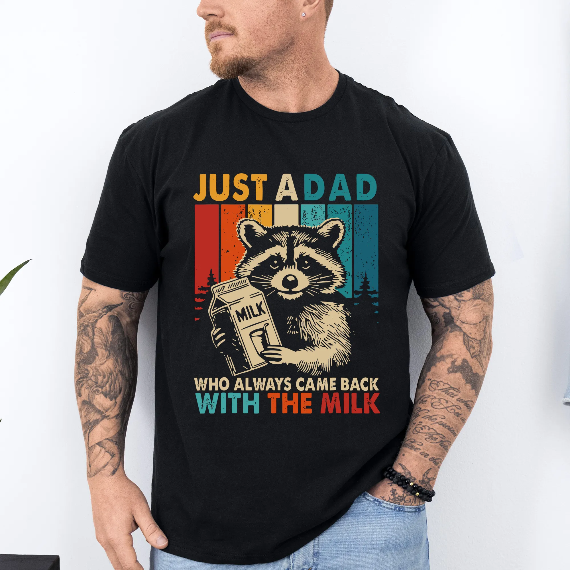 Just A Dad Who Always Came Back With The Milk, Raccoon, Father's Day, Husband, Guy Gift, Brother, Soft Style T-Shirt sold by Refinery Number One