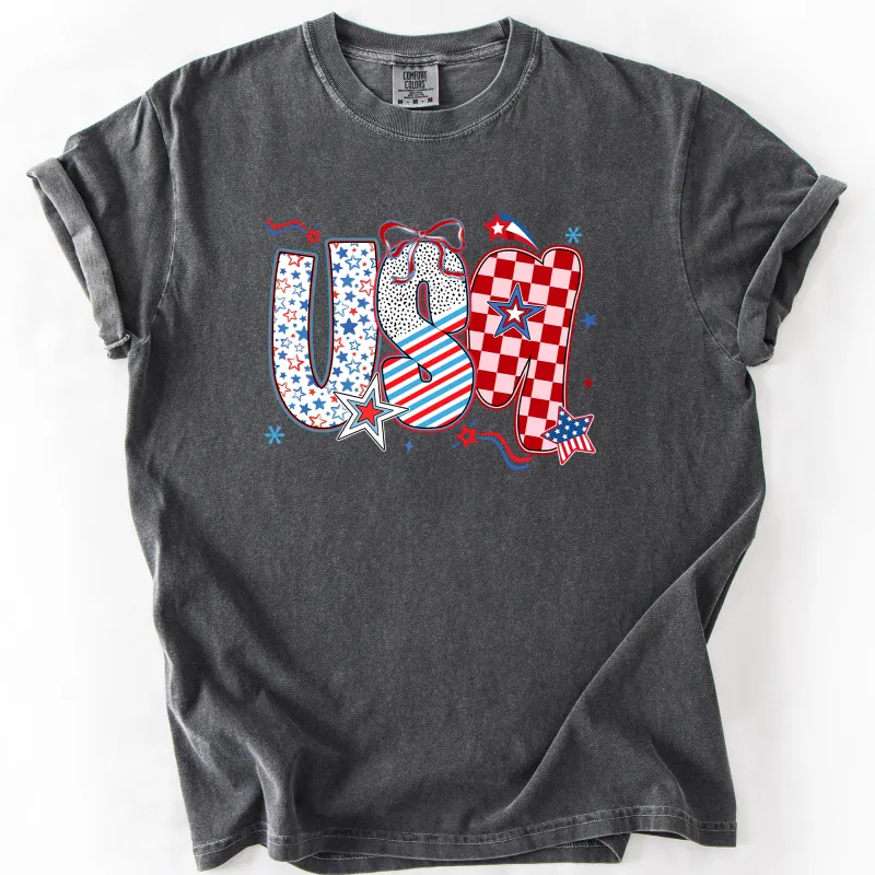 USA, Patriotic Patterns, Ribbons, Fourth of July, America, Comfort Colors T-Shirt sold by Refinery Number One