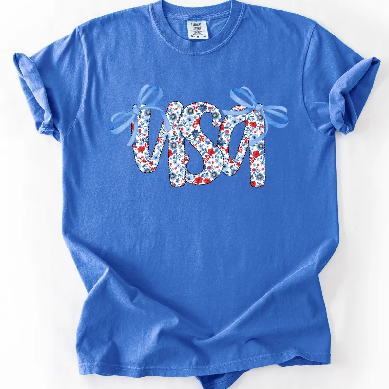 USA, Patriotic Floral Patterns, Ribbons, Fourth of July, America, Comfort Colors T-Shirt sold by Refinery Number One