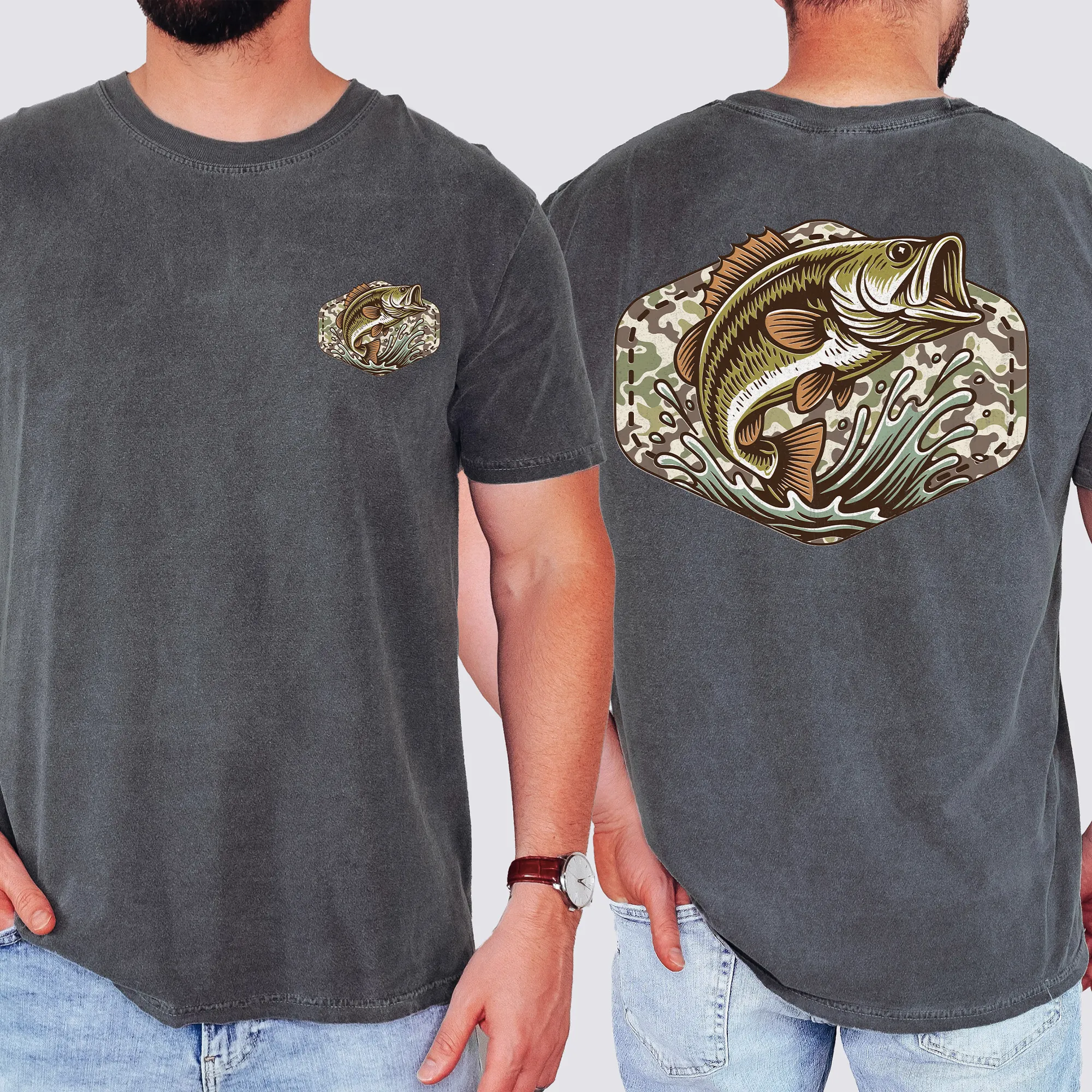 Bass Fishing, Camo, Camouflage, Hunting, Dad, Father's Day, Husband, Guy Gift, Old School, Comfort Colors T-Shirt sold by Refinery Number One product image thumbnail 2
