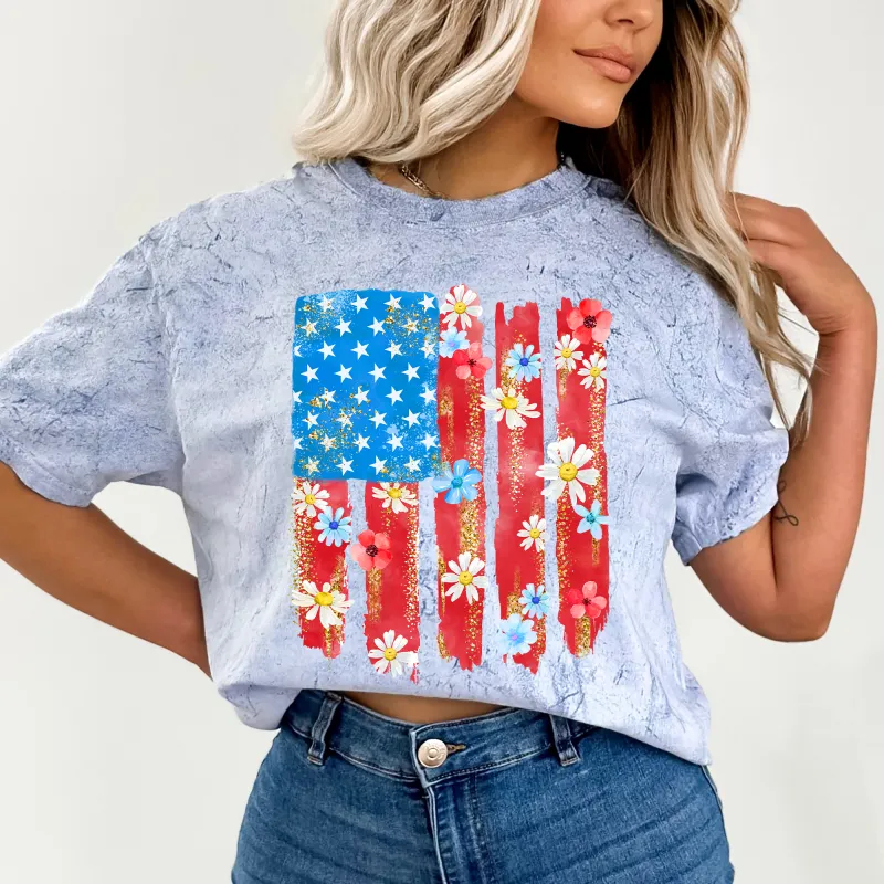 Retro Flower Flag, Fourth of July, America, Patriotic, USA, Comfort Colors Color Blast T-Shirt sold by Refinery Number One