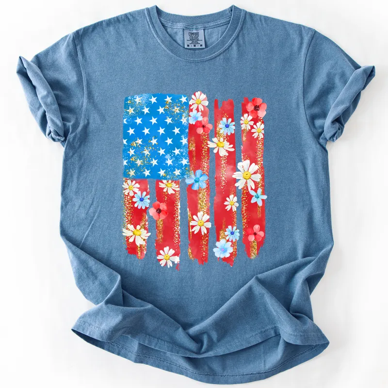 Retro Flower Flag, Fourth of July, America, Patriotic, USA, Comfort Colors T-Shirt sold by Refinery Number One