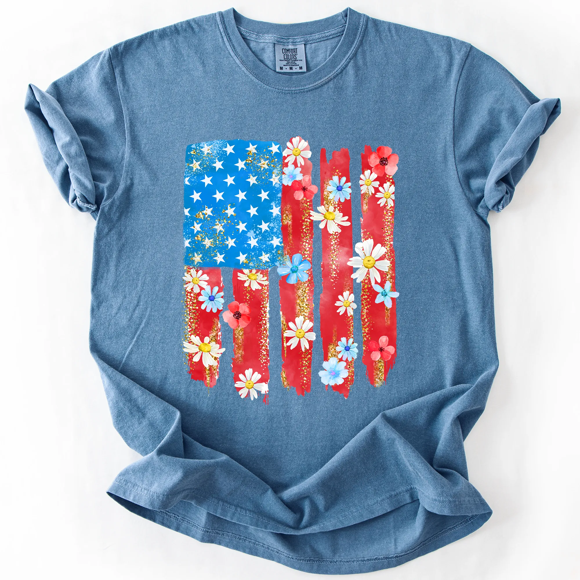 Retro Flower Flag, Fourth of July, America, Patriotic, USA, Comfort Colors T-Shirt sold by Refinery Number One