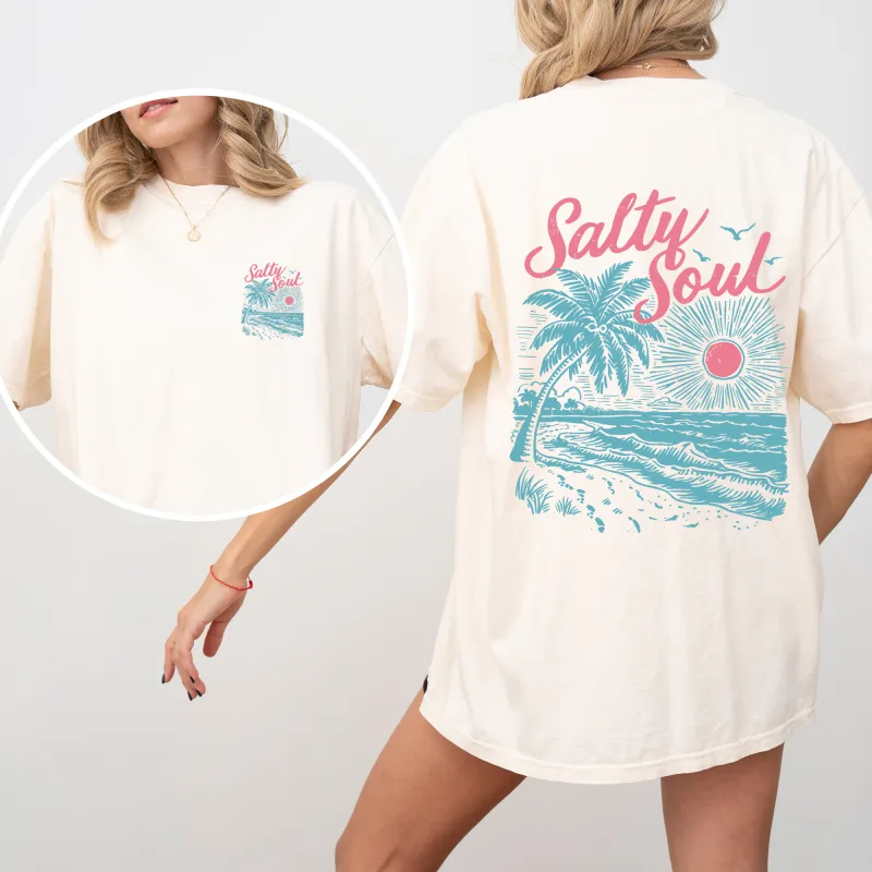Salty Soul, Beach, Sunset, Palm Trees, Summer, Front and Back, Comfort Colors T-Shirt sold by Refinery Number One